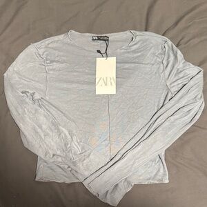 Zara Women's Light Blue/Grey Long Sleeve Cropped Top